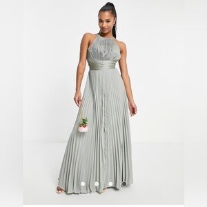 NWT ASOS  Petite Bridesmaid Pleated Pinny Maxi Dress Satin Wrap Waist Size 6P